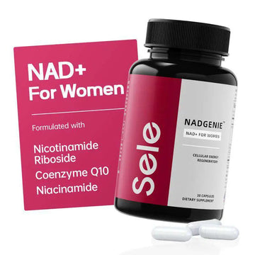 Black bottle with red and white label nadgenie nad plus female skin anti-aging supplement sealed with black cap