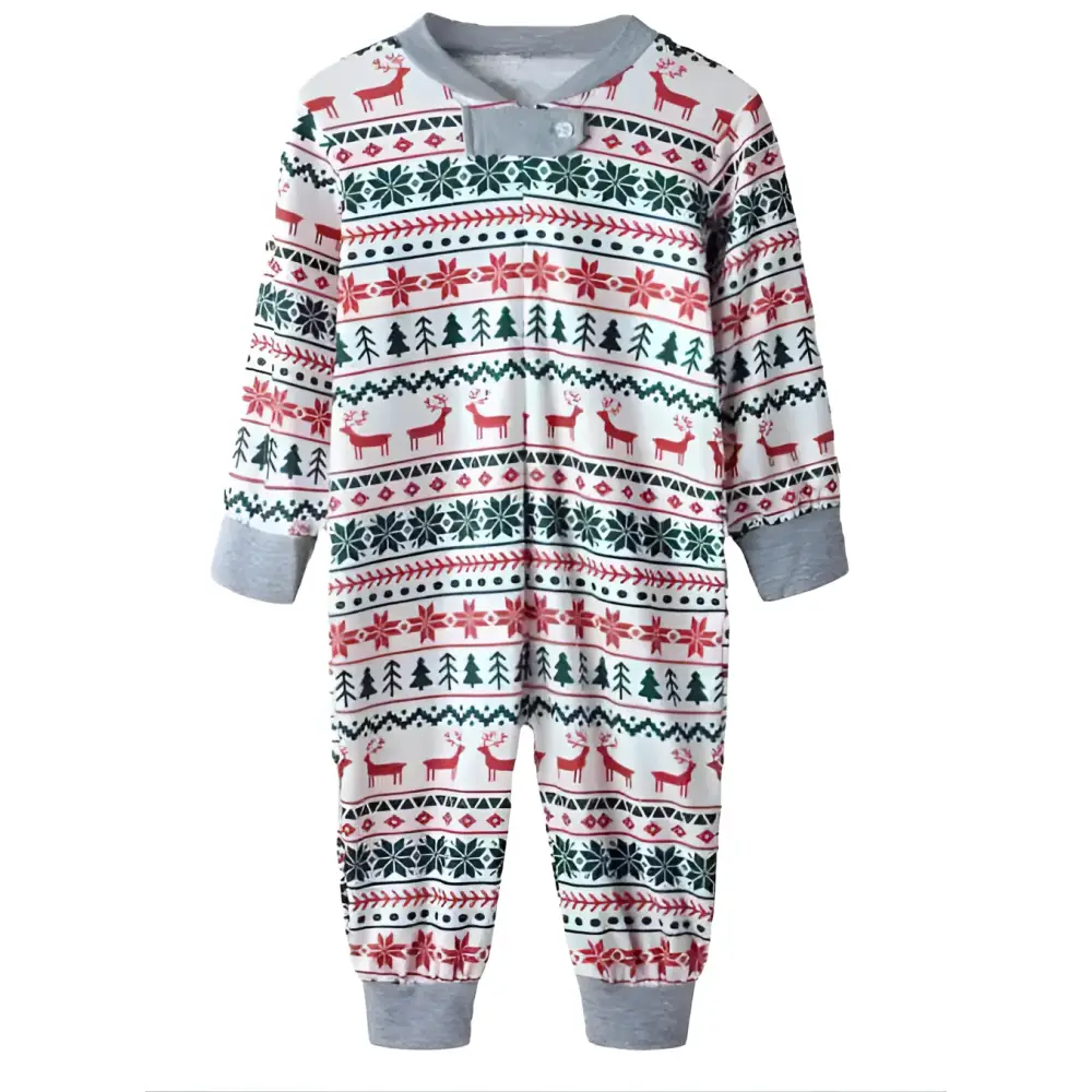 Festive family matching reindeer pajama set in red green and white with snowflake patterns perfect for holiday family wear