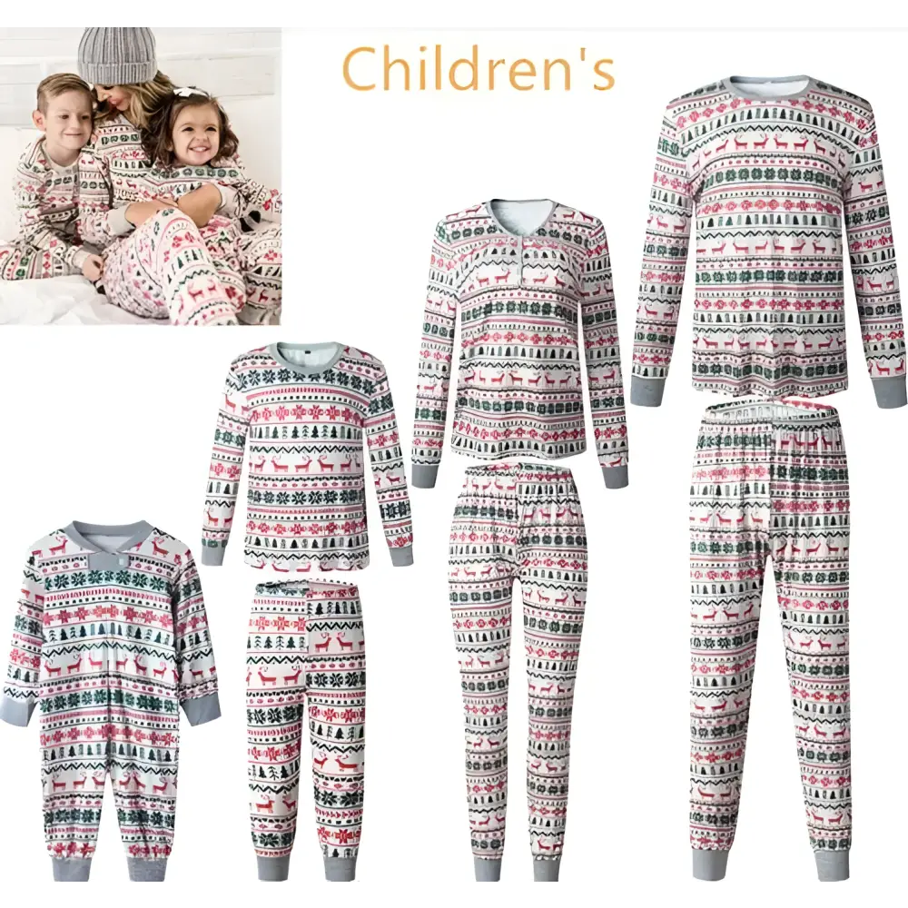 Festive family matching reindeer pajama sets in soft pink green and white with snowflake patterns for cozy wear