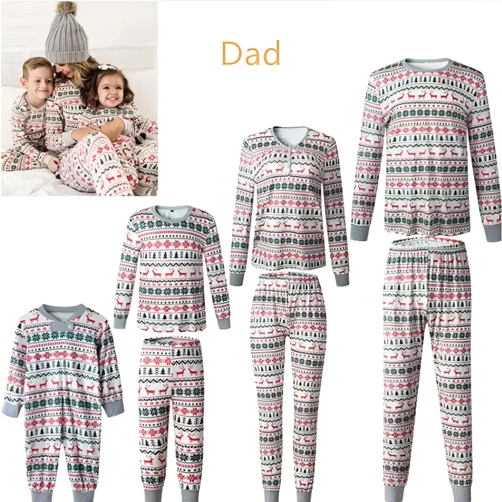 Festive family matching reindeer pajama sets in soft pink green and gray with snowflake patterns for winter wear