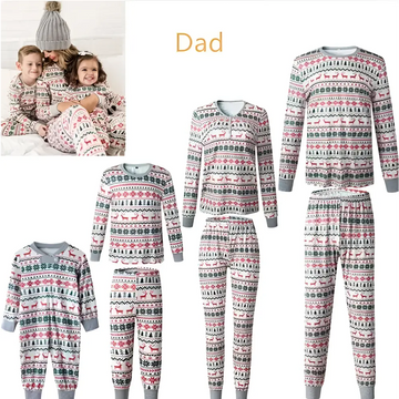 Festive family matching reindeer pajama sets in soft pink green and gray with snowflake patterns for winter wear