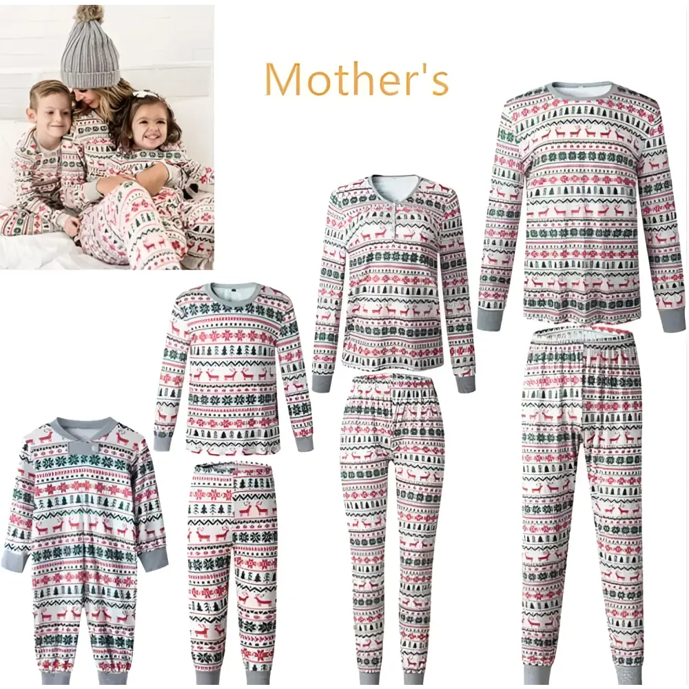 Festive family matching reindeer pajama sets in soft knit fabric with red reindeer green pine trees and white snowflakes on gray
