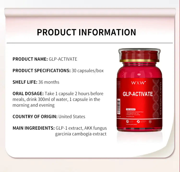 A vibrant red glass bottle with a gold-rimmed cap and white labeling featuring the brand wxx and product name glp-activate luxury glp-1 capsules for enhancing luxury women’s fashion and plus size dresses bikinis.