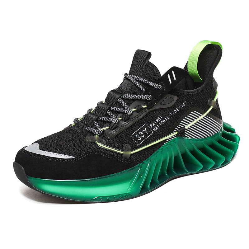 black sneaker with translucent green sole and neon green accents featuring mesh upper material designed for fashion casual running shoes