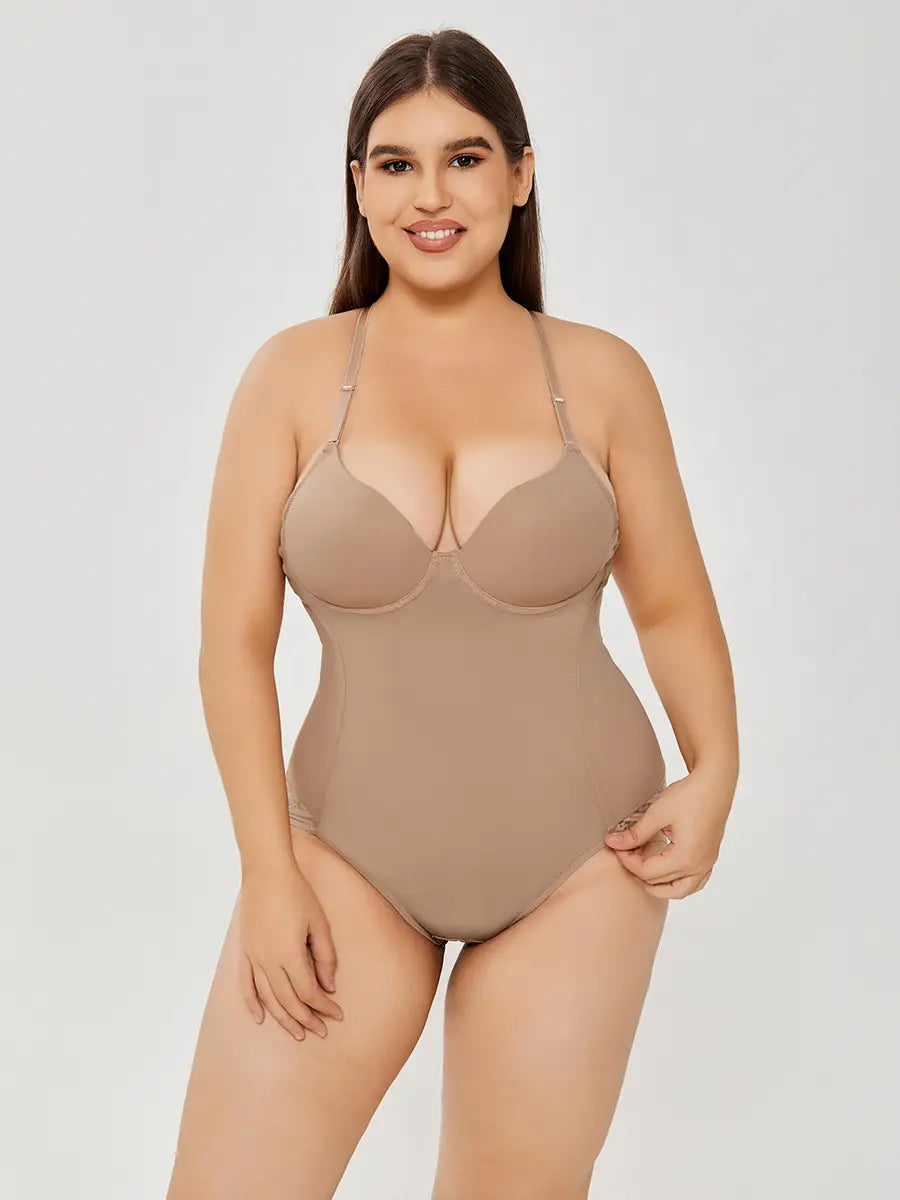 Beige plus size ultra firm control body shaper one-piece swimsuit with thin straps and a molded bust for firm control body shaping.