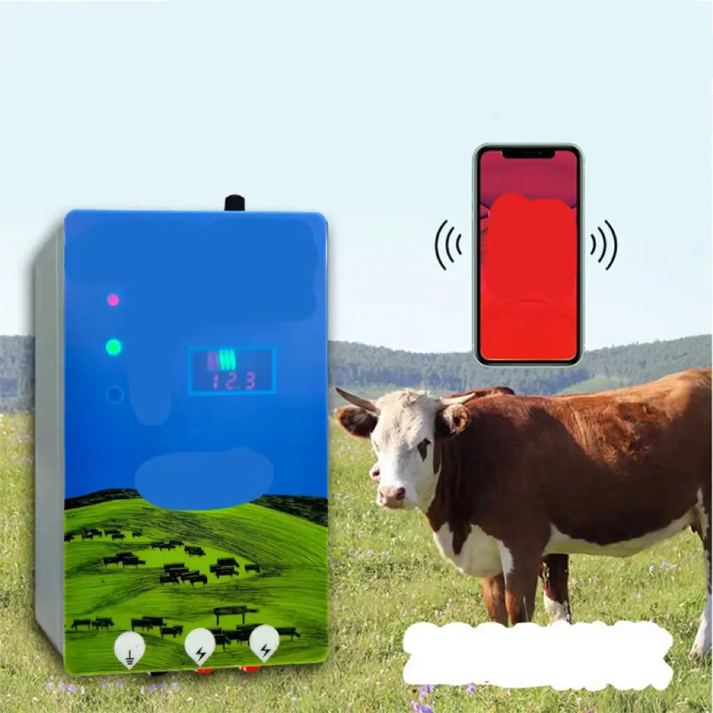 blue rectangular pasture electronic host livestock monitoring device with digital display showing green pastoral scene for electronic host high voltage applications