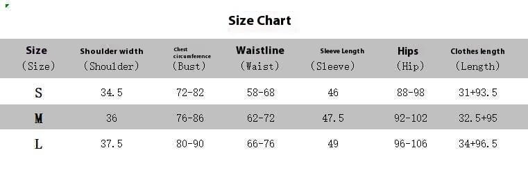 Size chart for a women’s sexy navel leopard print long sleeve dress suit showing measurements in inches for sizes small, medium, and large.