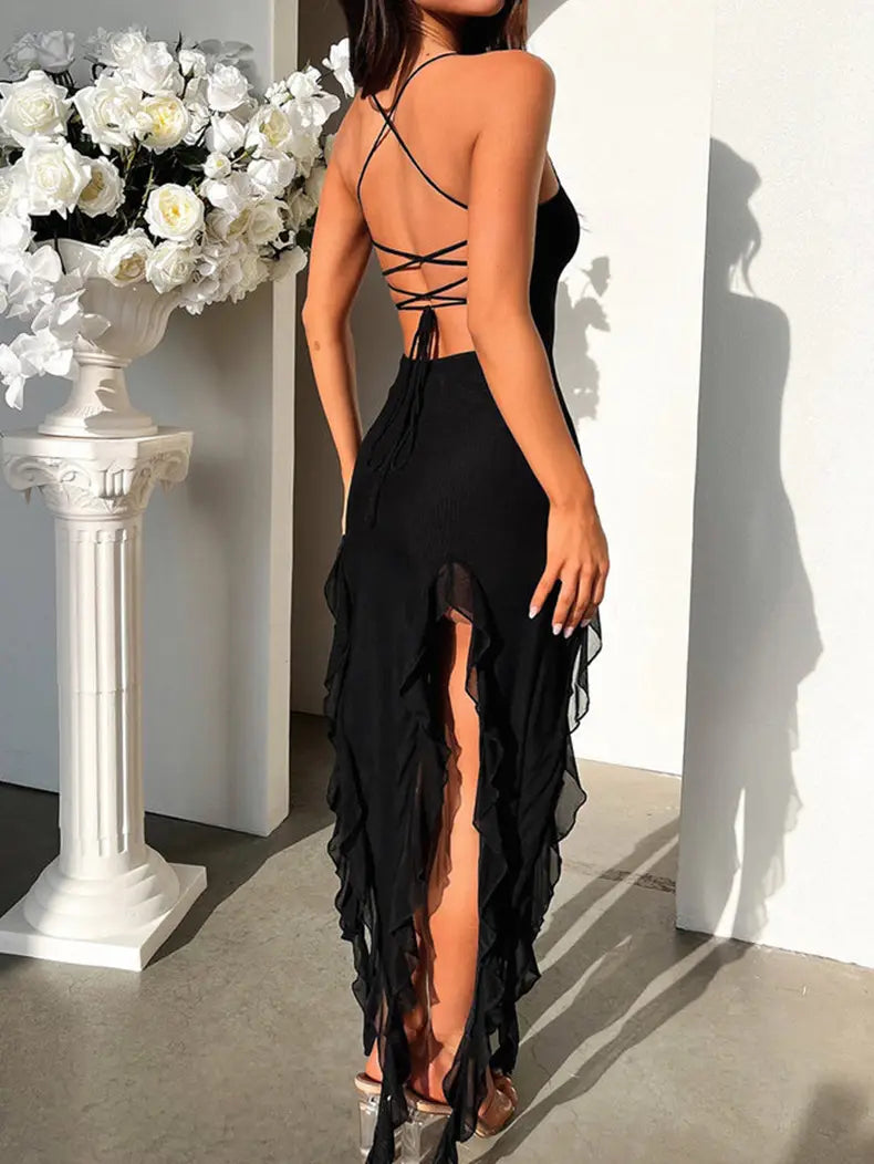 black sheer ruffled maxi dress with a back crisscross lace-up design featuring a sexy suspender tight slim fit and elegant ruffle details