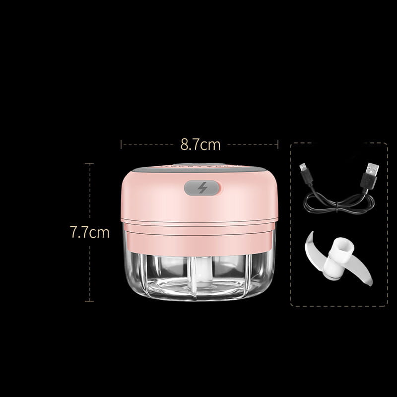 Wireless mini baby food supplement electric chopper in pink and clear with a white blade attachment and usb charging cable for convenient mini baby food preparation.