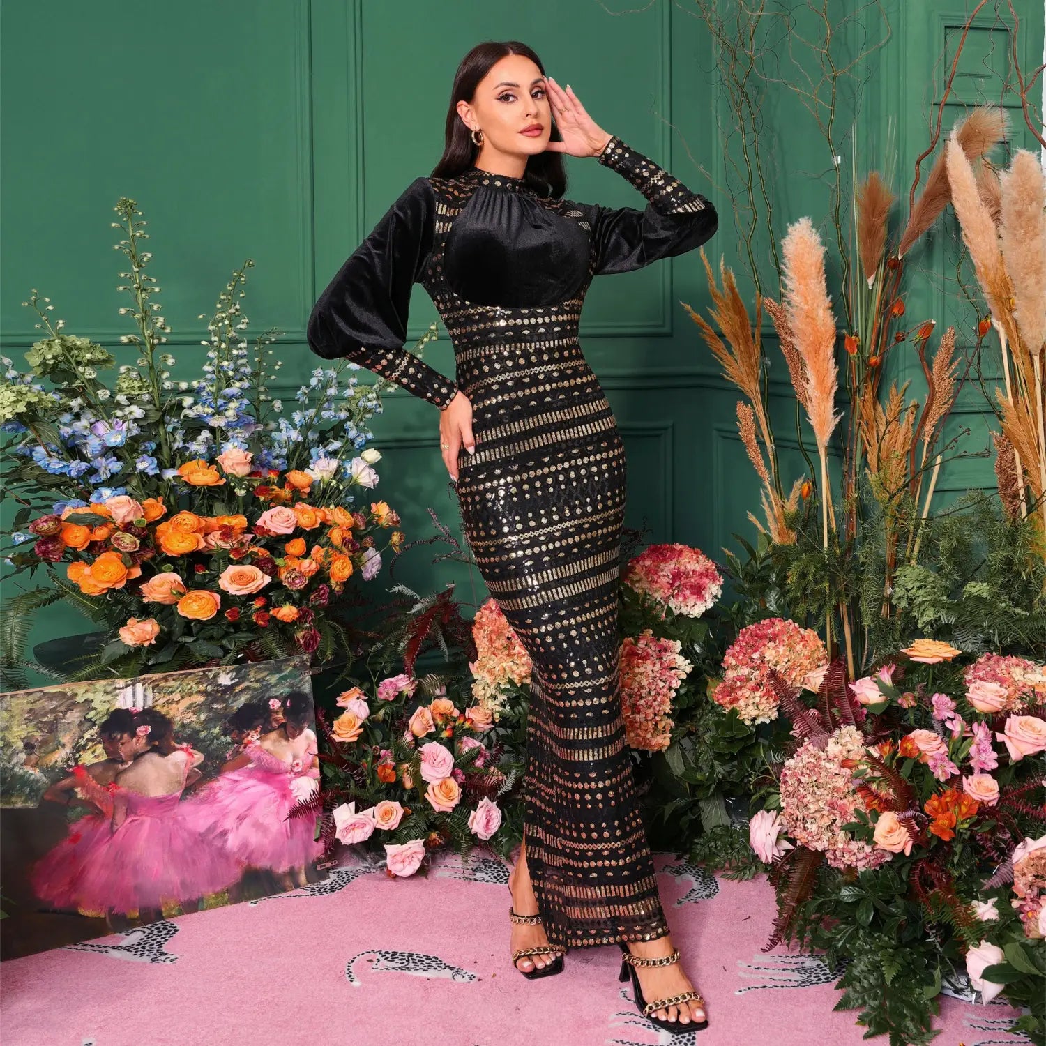 black velvet and sequined long sleeve round neck maxi dress with horizontal metallic embellishments and lace detail