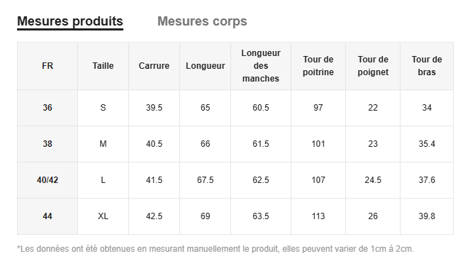 Size chart for the leopard print belted shirt displaying measurements in centimeters across French sizes S to XL for the printed belted shirt.