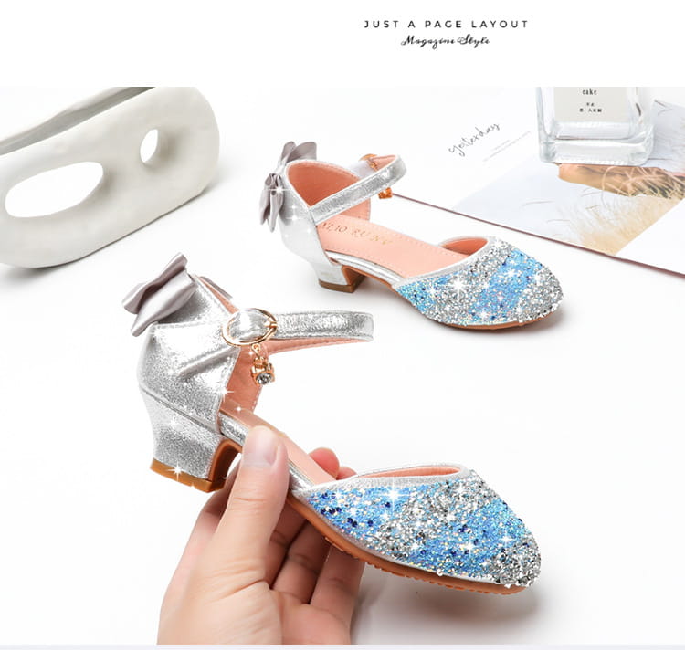 Silver and blue glittery girls high heel summer rhinestone mary jane shoes with a bow on the ankle strap designed for heel summer occasions