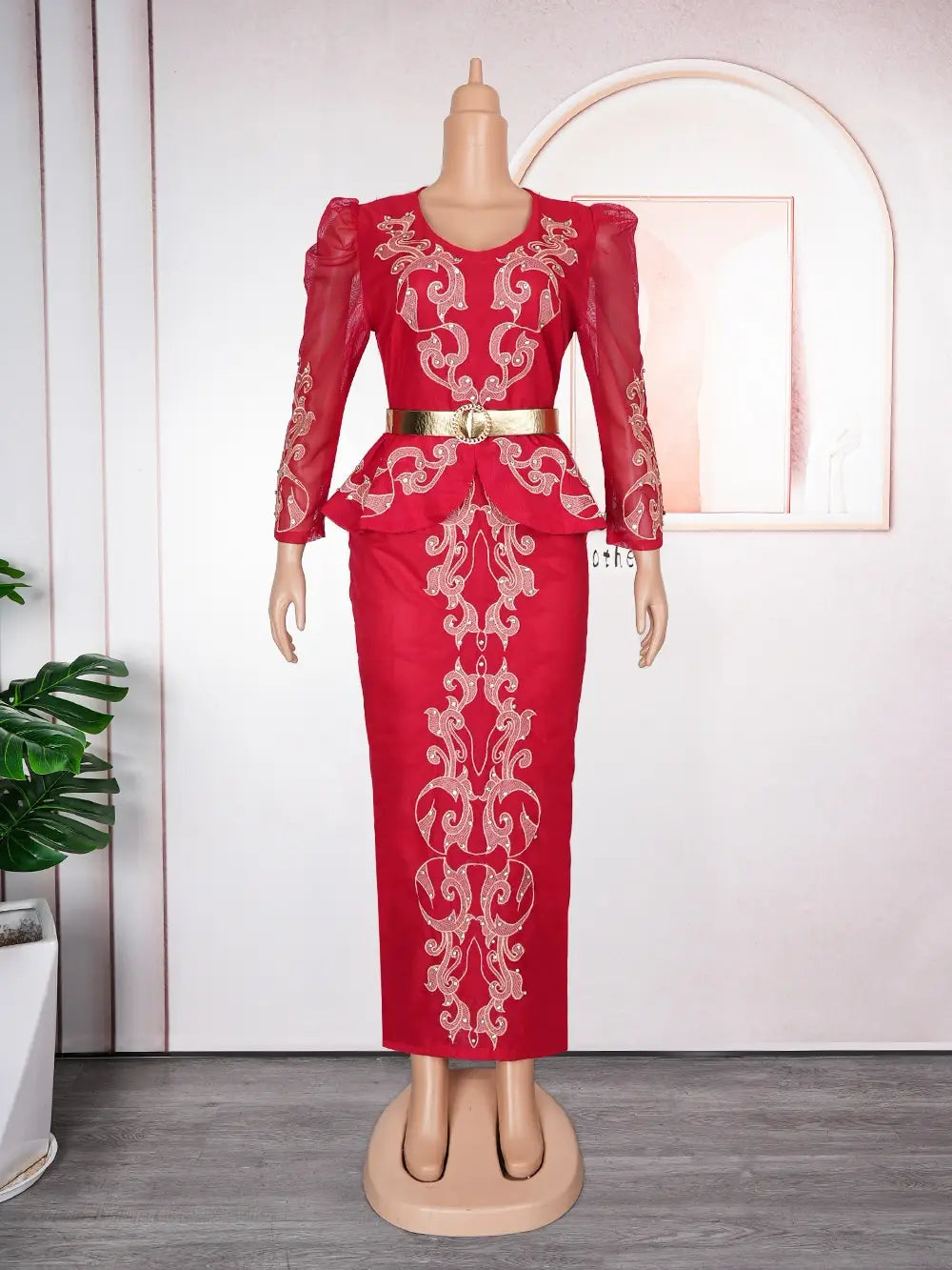 luxury rhinestone beaded red two-piece dress with gold embroidery and a matching belt for formal occasions