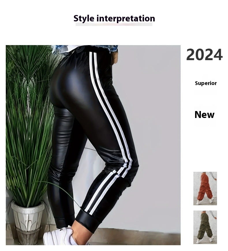 Black faux leather hip lifting tight trousers featuring two white vertical stripes down each leg designed for american sexy tight styling.