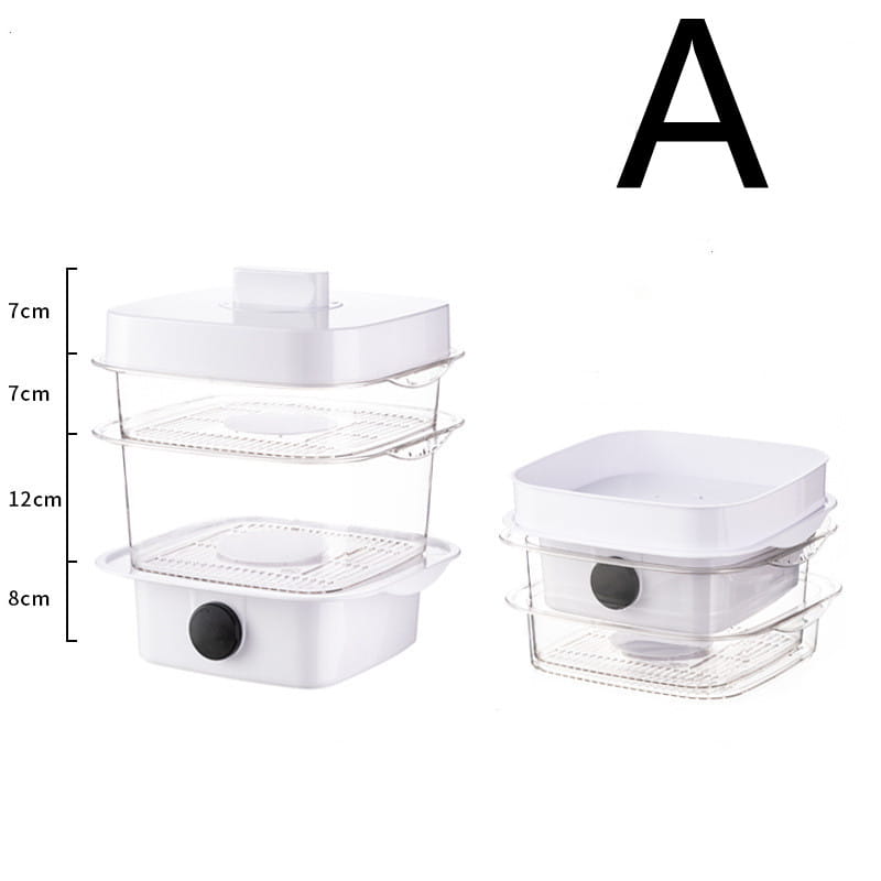 White plastic electric multi layer dish cover with clear glass shelves and black circular knobs designed for heat preservation and dish cover heat functionality.
