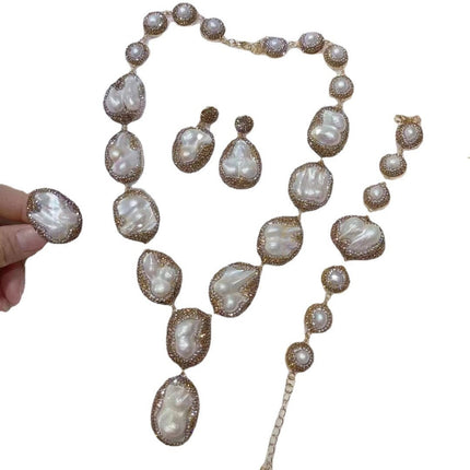 Pearl Necklace Ring Suit Bride Ornament - Royalessencelux