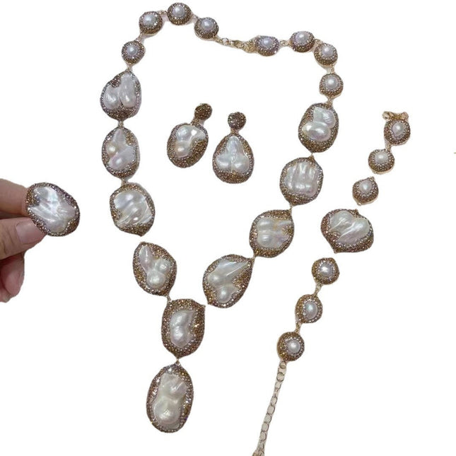 Pearl Necklace Ring Suit Bride Ornament - Royalessencelux