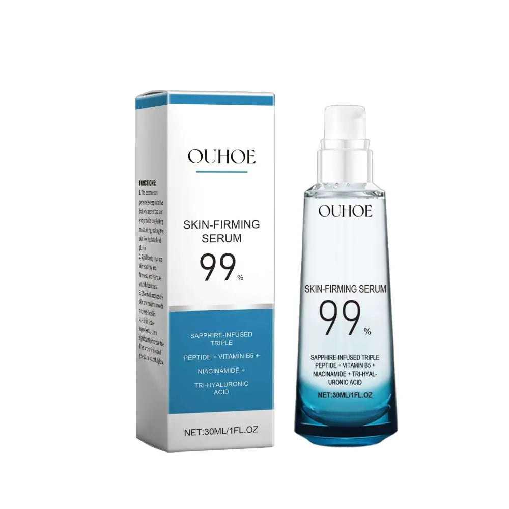 Ouhoe firming anti-aging care liquid serum in clear glass bottle with blue gradient base and white pump with matching box