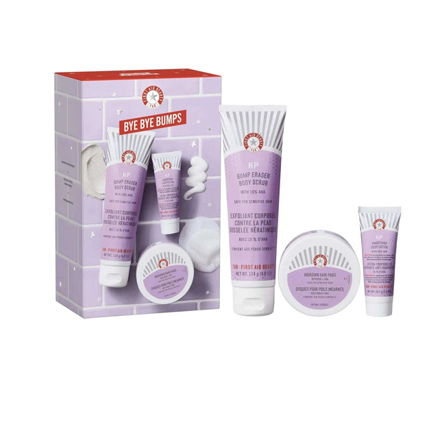 First Aid Beauty - Bye Bye Bumps Kit: KP Bump Eraser Body Scrub 4 oz Smoothing Lotion 1oz and Ingrown Hair Pads 28 Pads Deep Moisture Exfoliating Skin Treatment Set with BHA & AHA 3ct - Royalessencelux
