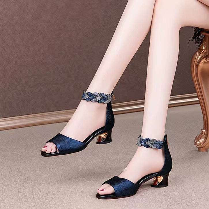 Fish Mouth Simple Rhinestone Soft Bottom One Word Belt Medium Heel Women's Shoes Button Full Cup Plus Size Bra Without Wi Royalessencelux