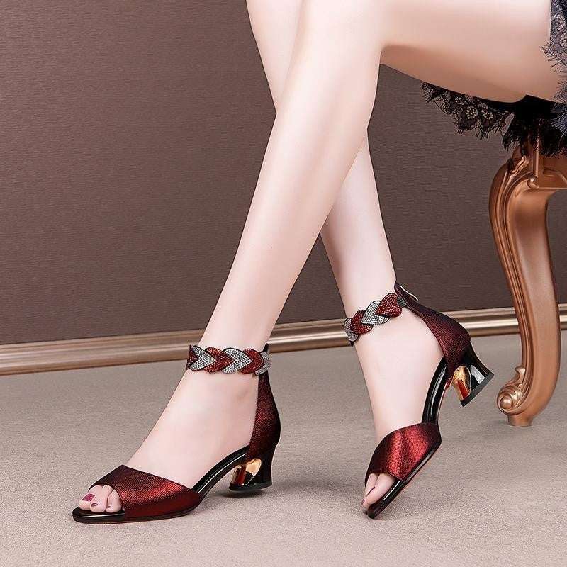 Fish Mouth Simple Rhinestone Soft Bottom One Word Belt Medium Heel Women's Shoes Button Full Cup Plus Size Bra Without Wi Royalessencelux