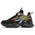 Black mesh boys sneakers with gold-patterned upper and flame design mesh featuring vibrant rainbow flames and speckled sole