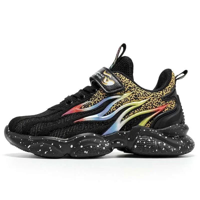 Black mesh boys sneakers with gold-patterned upper and flame design mesh featuring vibrant rainbow flames and speckled sole
