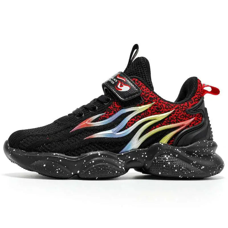 Black mesh boys sneakers with vibrant red flame design and multicolored accents on a chunky speckled sole