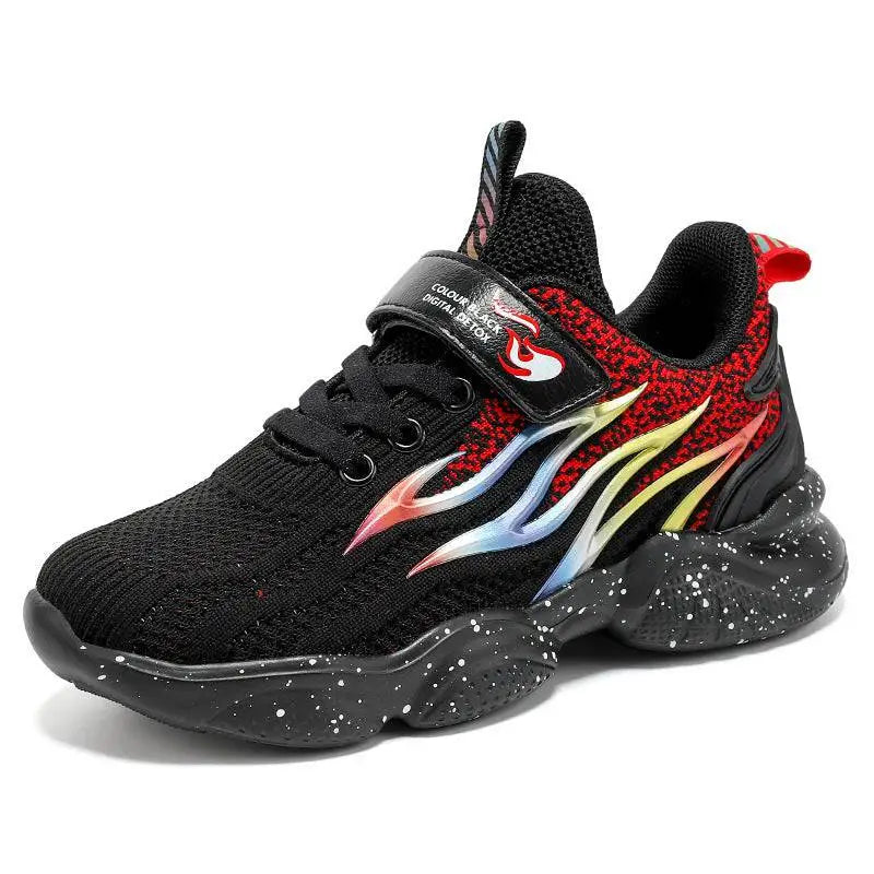 Cream-colored mesh boys sneakers with black speckles and a bold blue silver flame design with rose gold strap