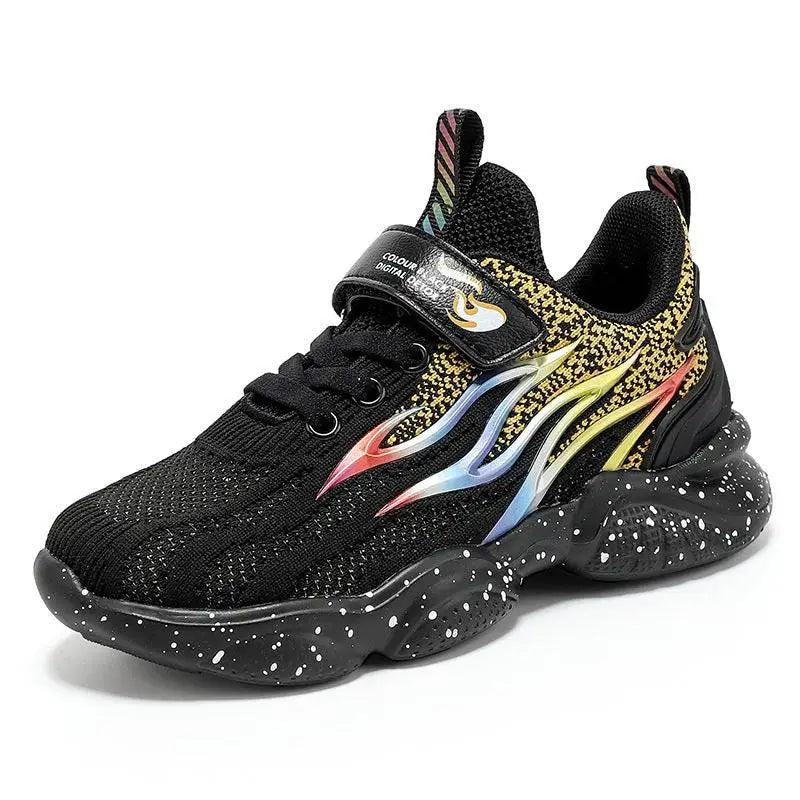 Black mesh boys sneakers with vibrant rainbow flame design and speckled rubber sole flame design mesh boys sneakers