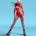 A vibrant red flame digital printed buttoned hand jumpsuit featuring a high collar and form-fitting design