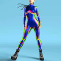 A vibrant blue flame digital printed buttoned hand jumpsuit with neon pink and lime green glowing heat map patterns