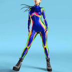 A vibrant blue flame digital printed buttoned hand jumpsuit with neon pink and lime green glowing heat map patterns