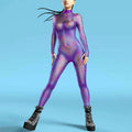 A shimmering purple and pink holographic flame digital printed buttoned hand jumpsuit with long sleeves and high neckline