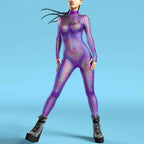 A shimmering purple and pink holographic flame digital printed buttoned hand jumpsuit with long sleeves and high neckline