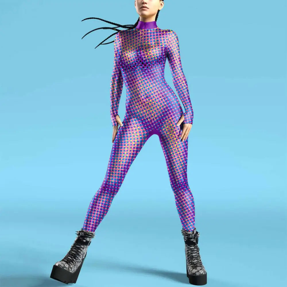 A shimmering purple and pink holographic flame digital printed buttoned hand jumpsuit with long sleeves and high neckline