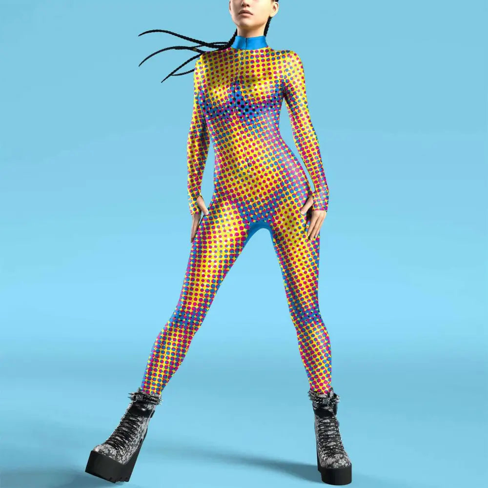 Flame digital printed buttoned hand jumpsuit with vibrant red rainbow dots and striking blue high neckline bodysuit