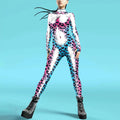 A shiny flame digital printed buttoned hand jumpsuit with vibrant pink and blue leopard print pattern