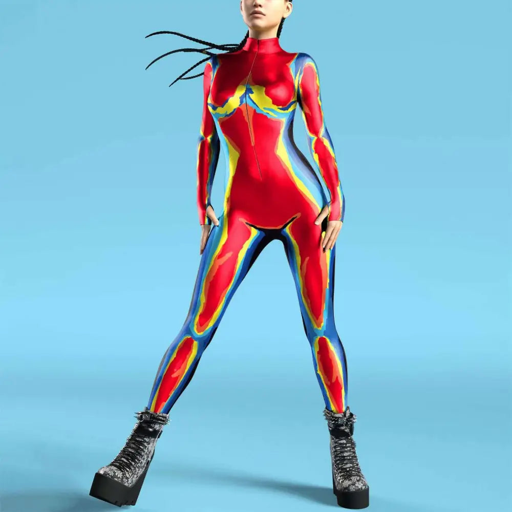 A vibrant red buttoned hand jumpsuit with flame digital printed glowing yellow and blue flame-like patterns