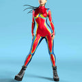 A vibrant red buttoned hand jumpsuit with flame digital printed glowing yellow and blue flame-like patterns