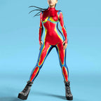 A vibrant red buttoned hand jumpsuit with flame digital printed glowing yellow and blue flame-like patterns
