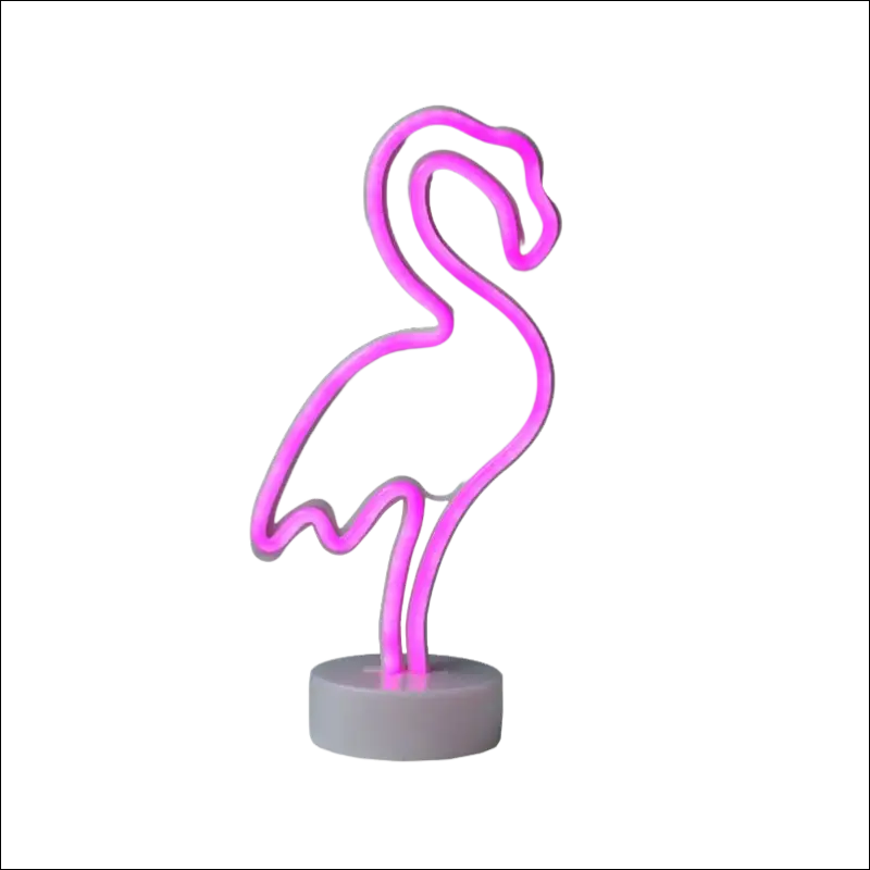 A glowing pink neon flamingo led modeling light night light with a sleek design and gray circular base decorative night light