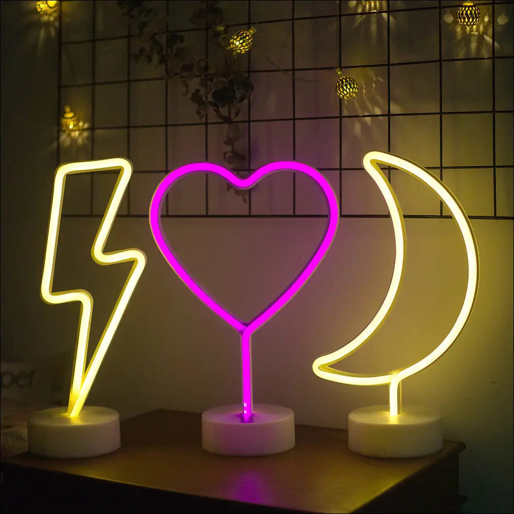 Flamingo led modeling light decorative night light with glowing yellow and purple neon lightning bolt heart and crescent moon shapes
