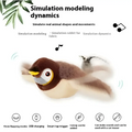 Brown and cream plush cat toy penguin keychain with yellow beak and black eye patch featuring realistic flapping bird movements