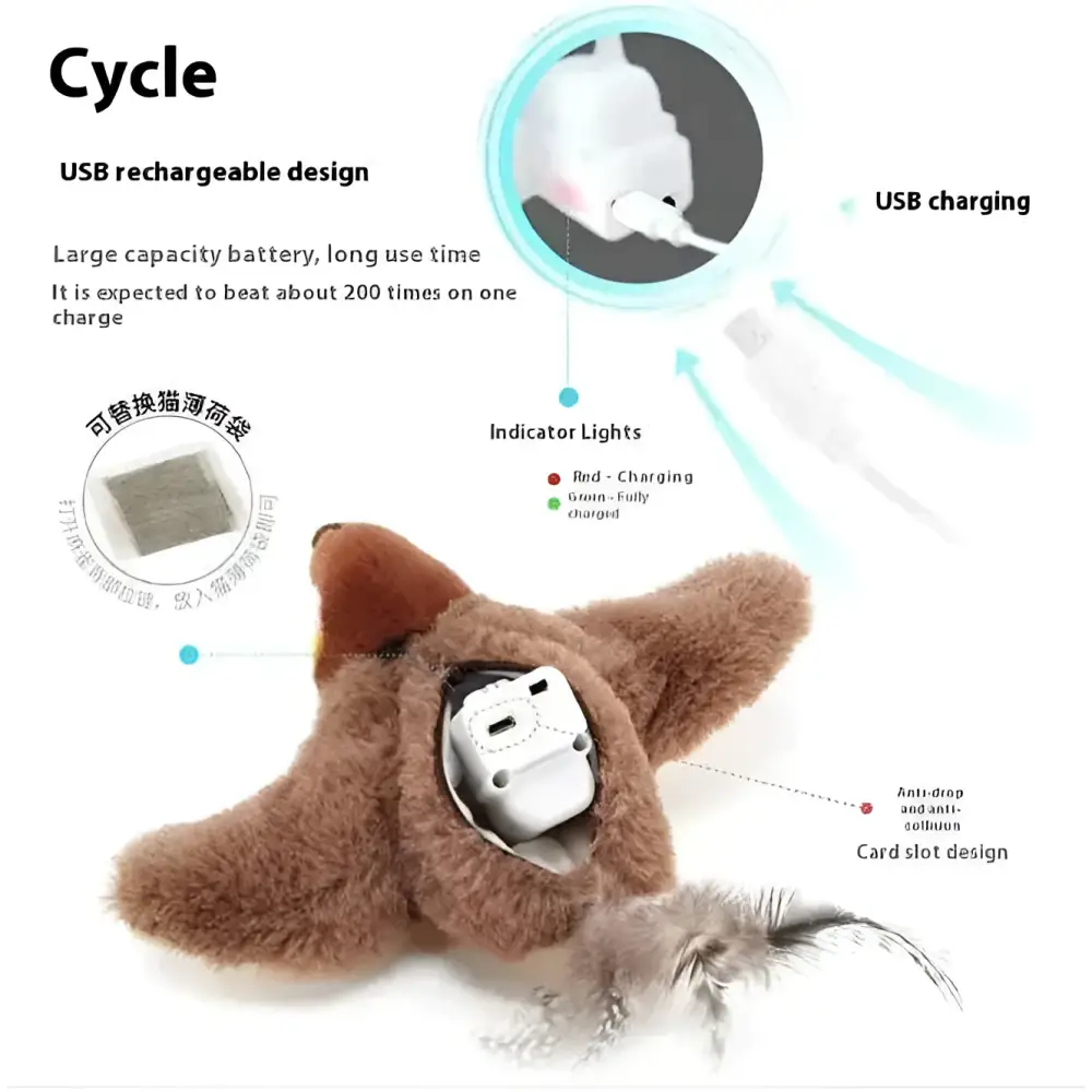 Brown plush fox-shaped usb rechargeable toy penguin keychain with white battery compartment and card slot design for flapping bird cat use