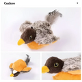 Plush flapping bird cat toy penguin keychain with gray and orange fur, yellow beak, black eyes, and feathered tail