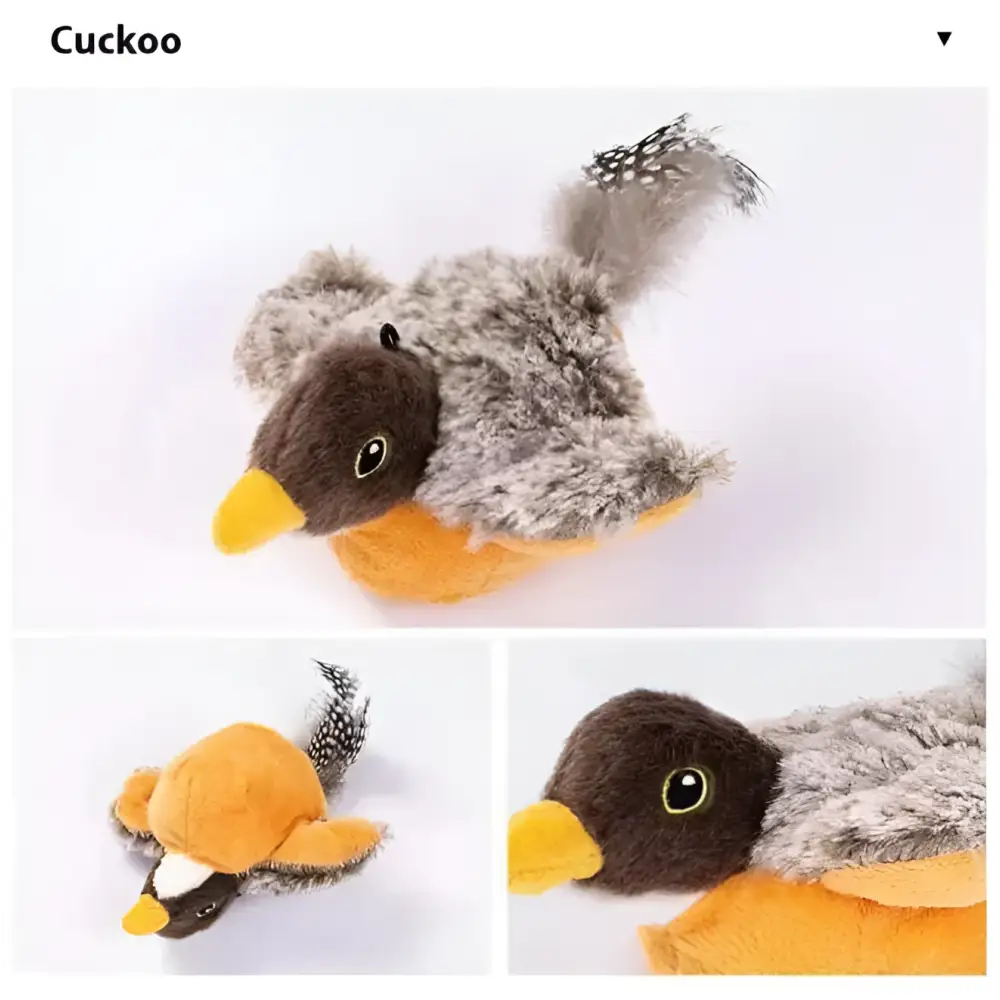 Plush flapping bird cat toy penguin keychain with gray and orange fur, yellow beak, black eyes, and feathered tail