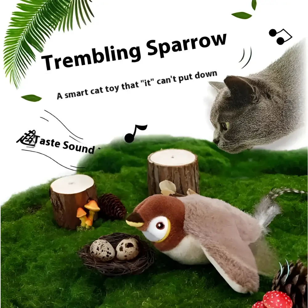 Plush sparrow flapping bird cat toy with brown and white soft fabric body and small beak keychain penguin design