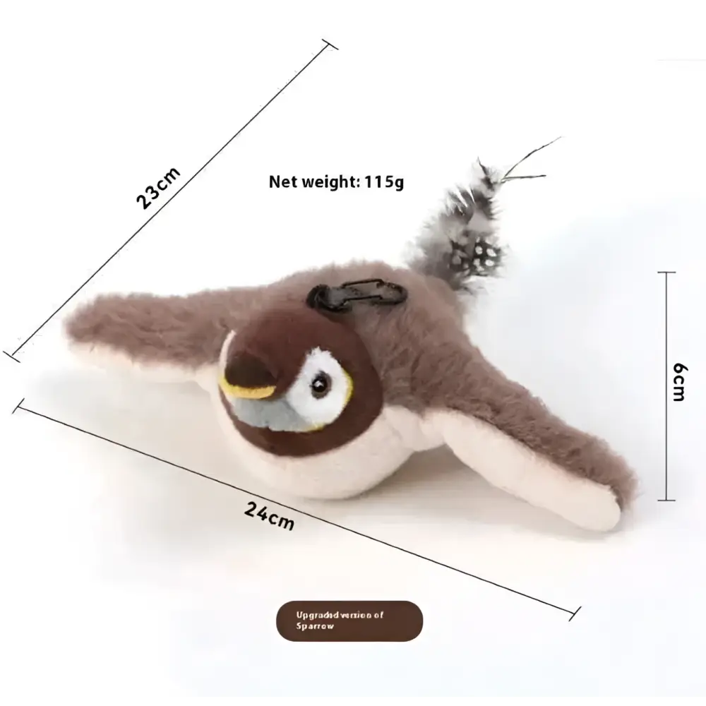 A plush flapping bird cat toy penguin keychain with brown and white fur, yellow beak, black eyes, and feathered tail