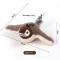 A plush flapping bird cat toy penguin keychain with brown and white fur, yellow beak, black eyes, and feathered tail